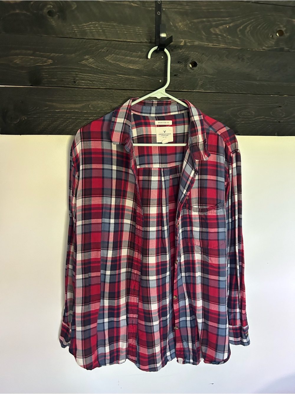 American Eagle Outfitters Red and Navy Plaid Button-Down Shirt
